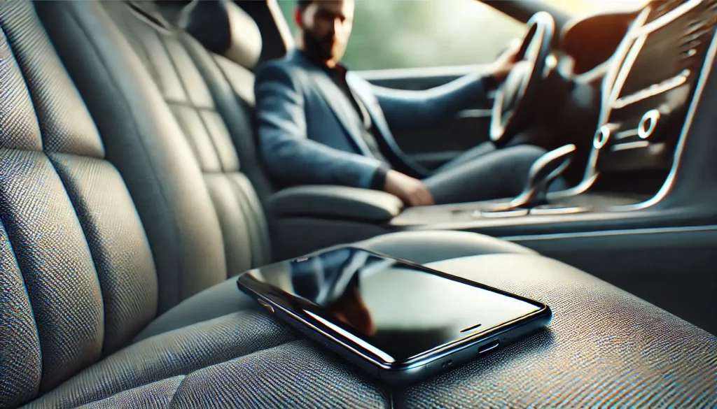 a mobile phone lying on a car seat next to a blurred man.