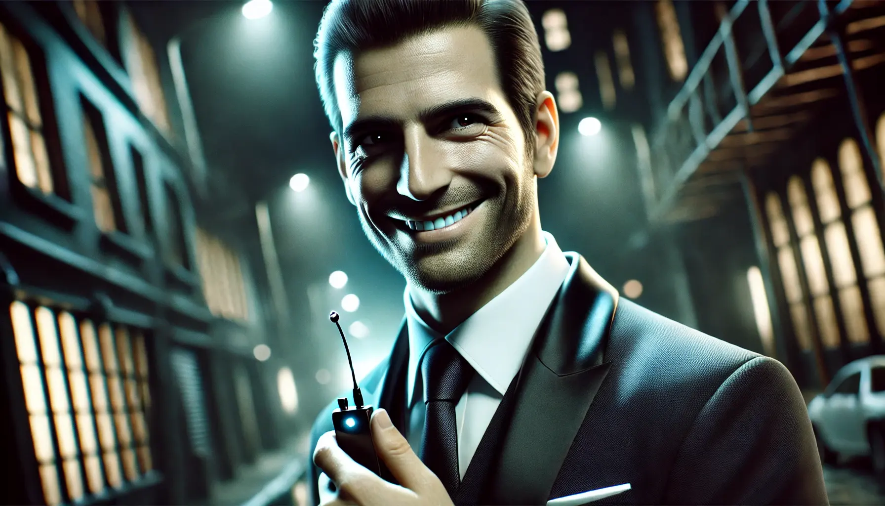 a grinning spy dressed in a suit in a dimly lit, urban alley holding a small gadget, hinting at his covert operations.