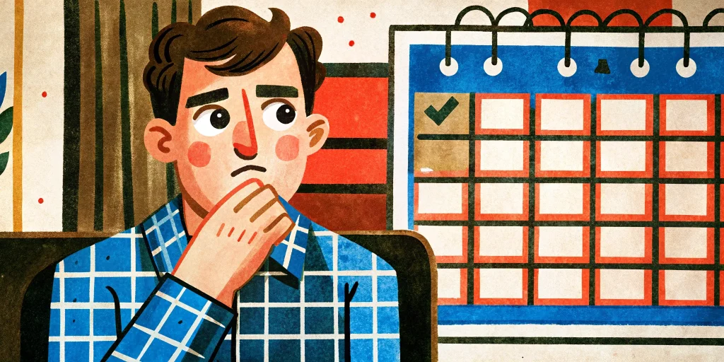 a man has a thoughtful face, as if he has forgotten something, he looks at the calendar