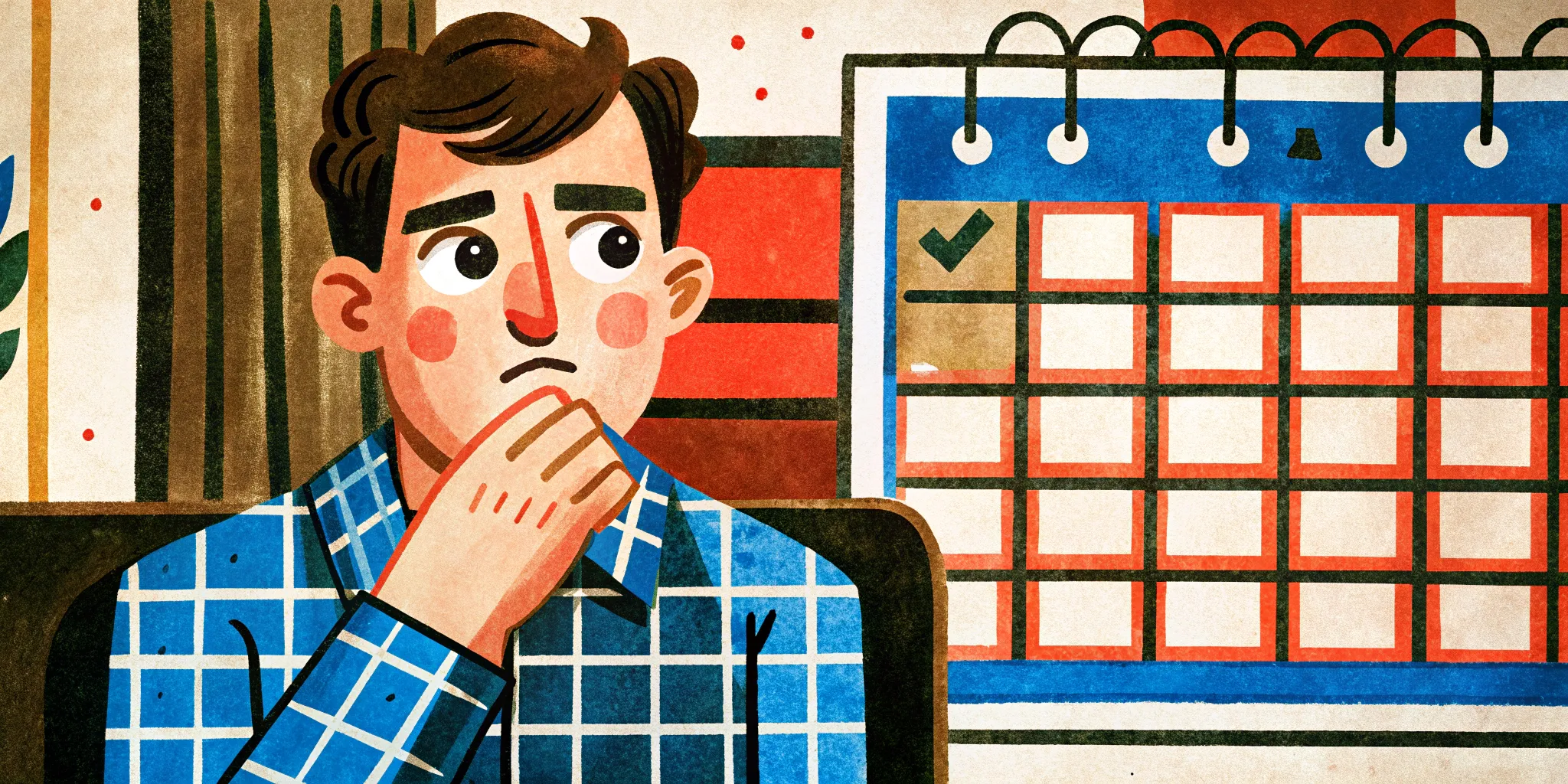 a man has a thoughtful face, as if he has forgotten something, he looks at the calendar