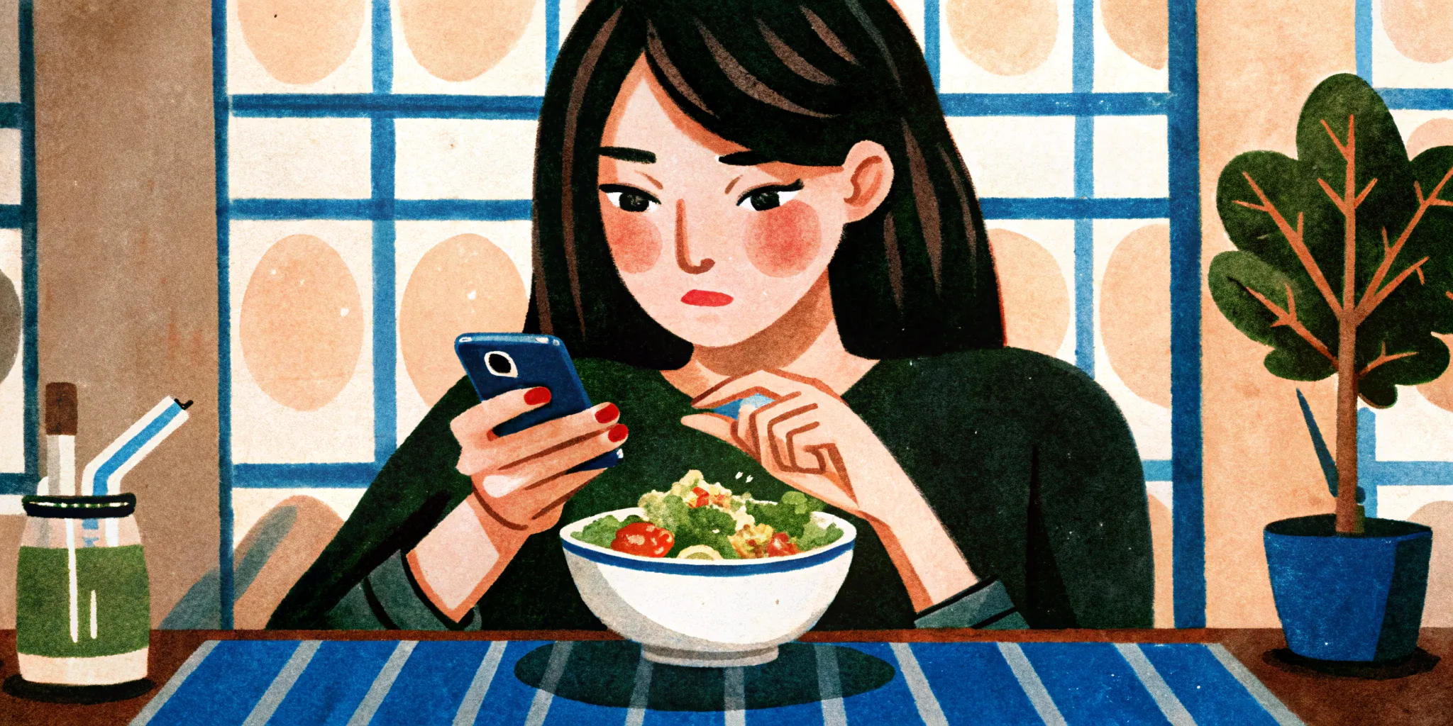a young woman eats a salad and looks at her phone