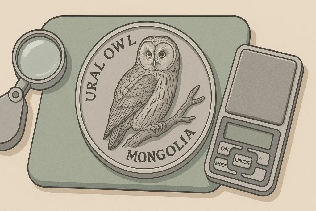 An “Ural Owl” coin from Mongolia, close-up look.