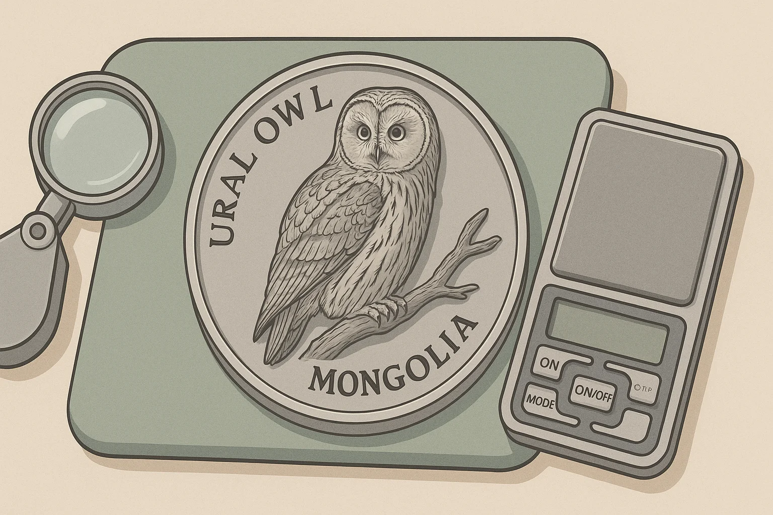 An “Ural Owl” coin from Mongolia, close-up look.