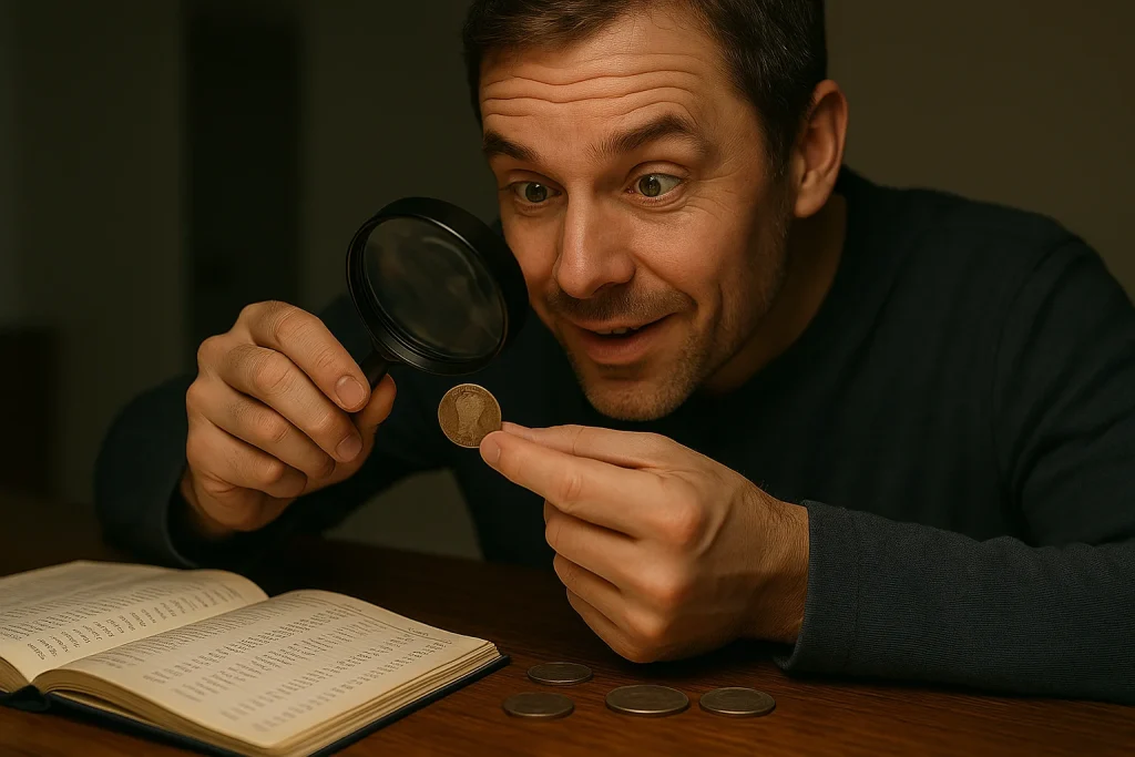 A collector inspects a heavily circulated key-date coin under magnification, realising that even well-worn examples can remain valuable due to low survival rates.
