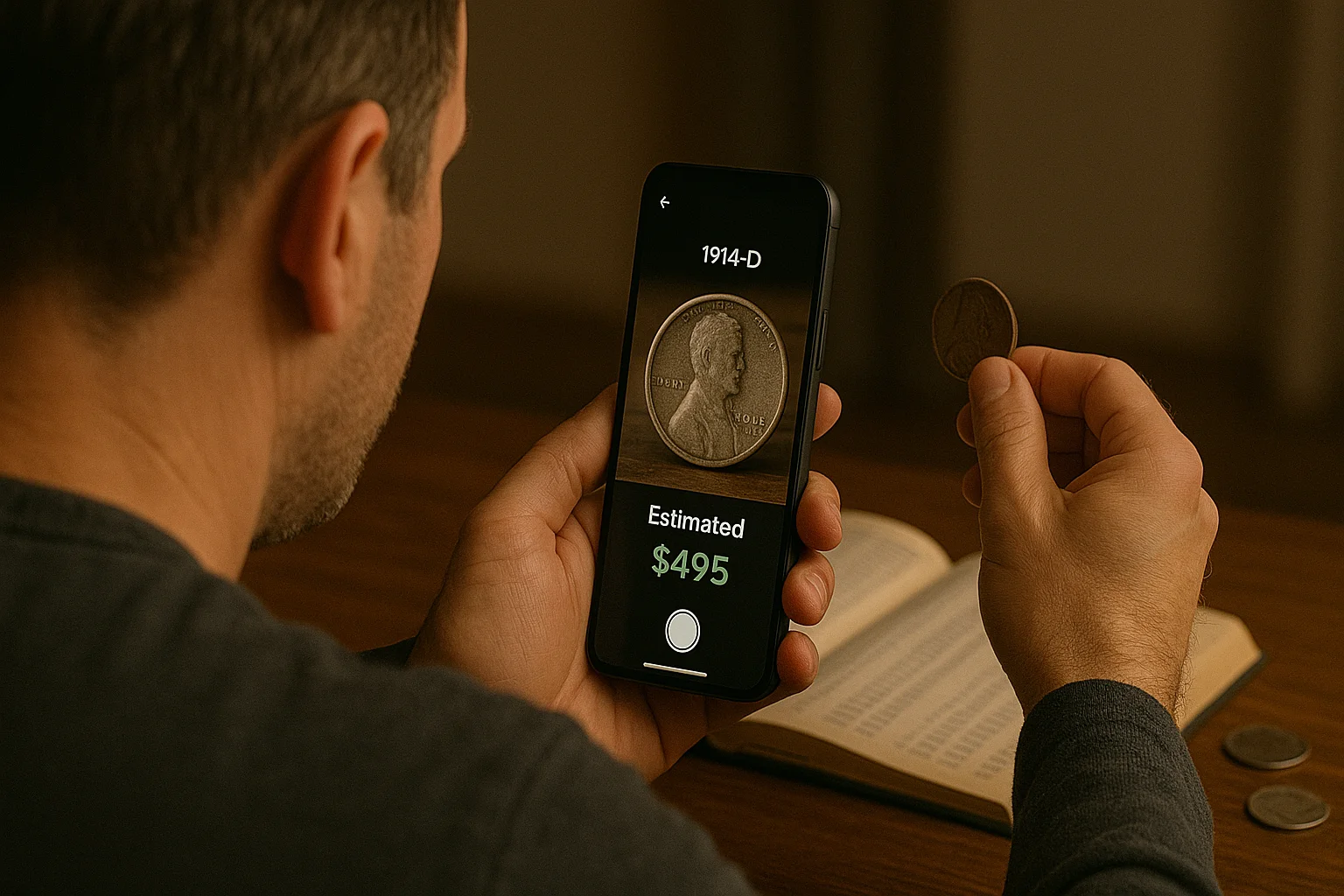 A collector photographs a circulated coin with a smartphone valuation app to quickly check its market range and understand whether the worn piece still holds significant value.