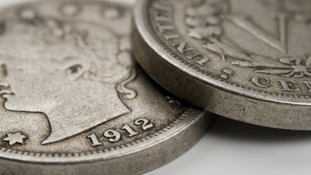 Close-up of a 1912 V nickel edge and face
